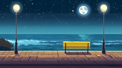 A bench on the seaside promenade, brick floor with streetlights, a cartoon-style night sky, moonlight shining in the distance