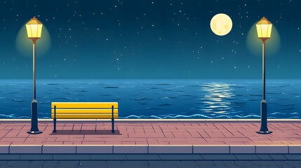 A bench on the seaside promenade, brick floor with streetlights, a cartoon-style night sky, moonlight shining in the distance