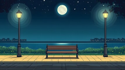 A bench on the seaside promenade, brick floor with streetlights, a cartoon-style night sky, moonlight shining in the distance