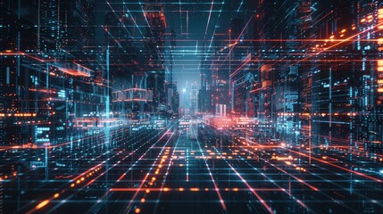 Obraz premium Futuristic city streetscape with glowing digital network grid.