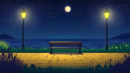 A bench on the seaside promenade, brick floor with streetlights, a cartoon-style night sky, moonlight shining in the distance