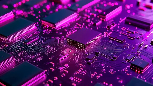This video showcases a close-up view of a glowing purple circuit board, highlighting technology and electronics. Emphasis on intricate components like microchips and connectors denotes advanced