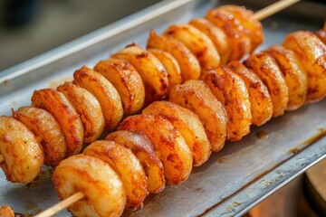 Spiral fried potatoes on a stick golden and served on a tray at a picnic Takeaway potato chips
