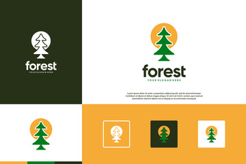 pine tree and sunset logo, natural forest, graphic design template.