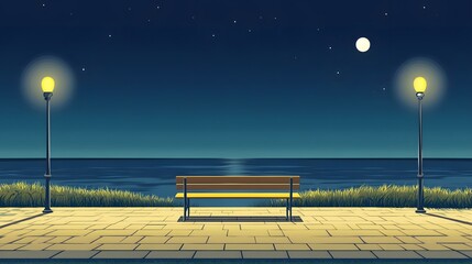 A bench on the seaside promenade, brick floor with streetlights, a cartoon-style night sky, moonlight shining in the distance