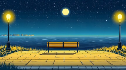 A bench on the seaside promenade, brick floor with streetlights, a cartoon-style night sky, moonlight shining in the distance