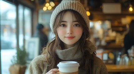 Smiling Woman Enjoying Coffee in Cozy Café with Warm Lighting