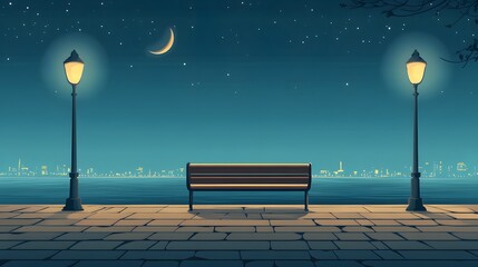 A bench on the seaside promenade, brick floor with streetlights, a cartoon-style night sky, moonlight shining in the distance