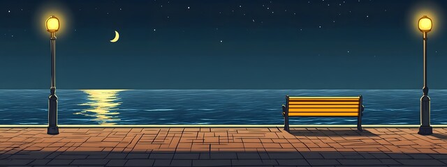 A bench on the seaside promenade, brick floor with streetlights, a cartoon-style night sky, moonlight shining in the distance