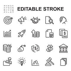 Business icon set. Thin line vector. Contains icons such as graphs, goals, and more.