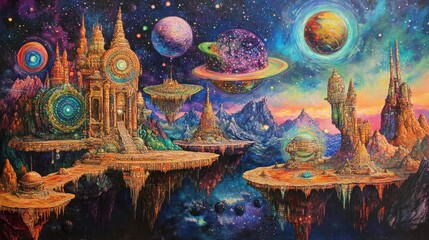 Cosmic fantasy landscape with floating islands and planets in sky.