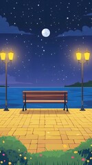 A bench on the seaside promenade, brick floor with streetlights, a cartoon-style night sky, moonlight shining in the distance