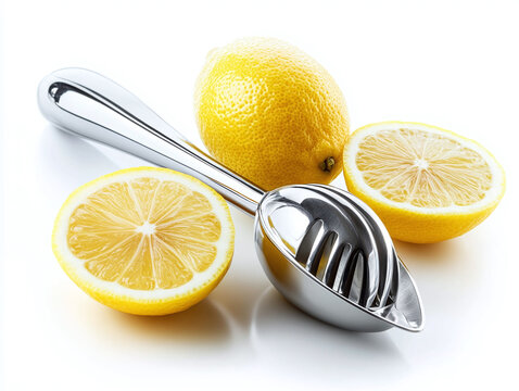 Stainless steel lemon squeezer, isolated on white background.