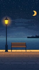 A bench on the seaside promenade, brick floor with streetlights, a cartoon-style night sky, moonlight shining in the distance
