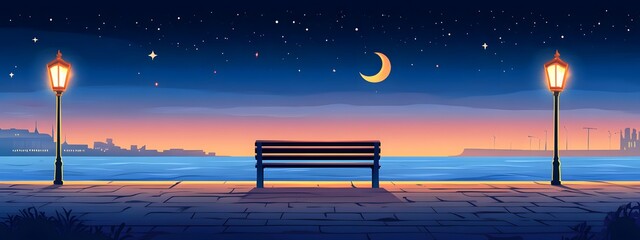 A bench on the seaside promenade, brick floor with streetlights, a cartoon-style night sky, moonlight shining in the distance