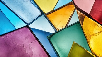 Fototapeta premium Colorful fragments of stained glass art arranged in a mosaic pattern displaying hues of blue, green, yellow, and purple
