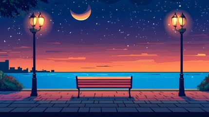 A bench on the seaside promenade, brick floor with streetlights, a cartoon-style night sky, moonlight shining in the distance