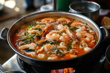 Standard arrangement of a Korean meal with metal utensils Jjampong is a spicy seafood noodle soup accompanied by two sides kimchi and radish pickles