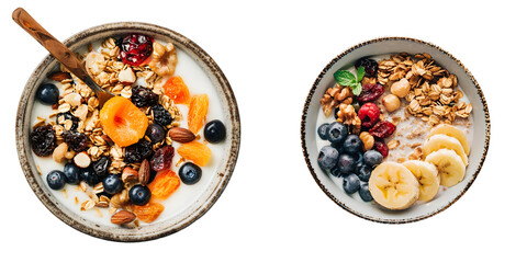 Cooking a wholesome breakfast. Granola with Various dried fruits and nuts in a bowl. The concept of a healthy dessert. Generative AI.