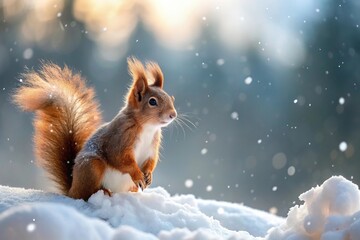Snowy wintery landscape featuring a red squirrel