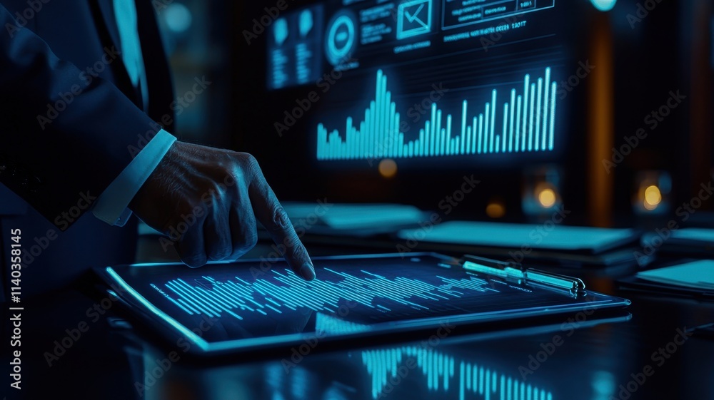 Poster a business professional interacts with a digital tablet displaying data visualizations and analytics