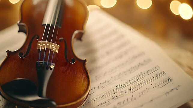 Violin resting on sheet music with soft warm lighting in a musical studio