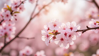Obraz premium Blooming Cherry Blossom Branch with Pink Flowers Against a Soft Focus Background