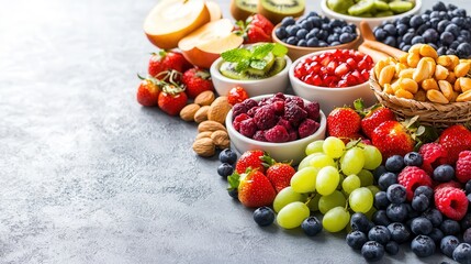 Nutritionists table featuring portion control plates, fruit baskets, and healthy meal plans on a white background