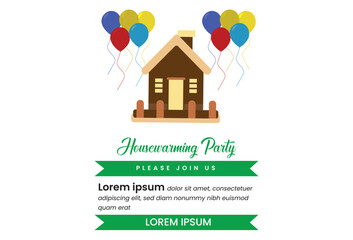 Housewarming Party Invitation: A charming and colorful invitation card featuring a cartoon house with balloons, perfect for a housewarming celebration. 