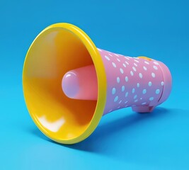 Pink and yellow polka dot megaphone on blue background.