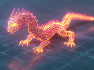 glowing neon dragon in cyber world, showcasing intricate wireframe details and vibrant colors