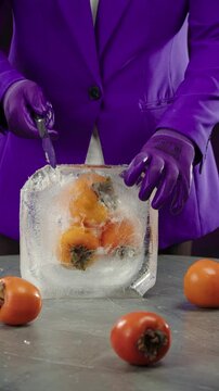 Chef smashes persimmon frozen in a large block of ice with a knife