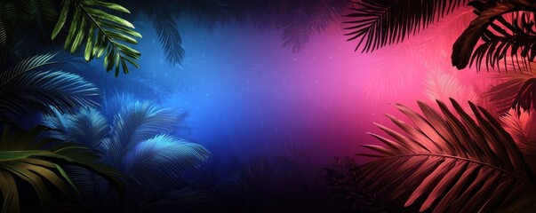 A vibrant, tropical background featuring colorful hues of blue and pink, framed by lush palm leaves, creating a mystical atmosphere.
