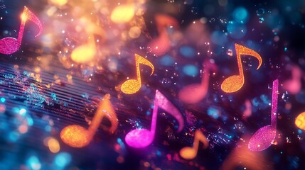 Colorful musical notes with vibrant bokeh effect.