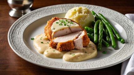 An elegant presentation of Chicken Cordon Bleu served on a white plate, accompanied by creamy mashed potatoes, steamed green beans, and a light drizzle of sauce.