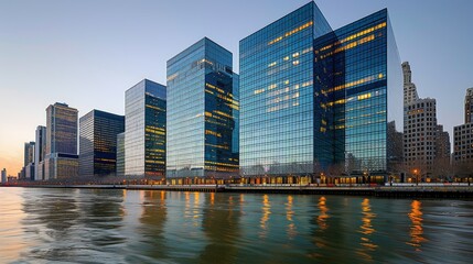 Fototapeta premium Modern skyscrapers reflecting in a river during sunset, showcasing urban architecture.