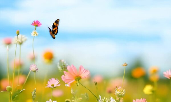 Art Beautiful blurred spring background nature with blooming glade, butterfly and blue sky on a sunny day