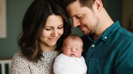 Fototapeta premium Tender Moment of Parents Comforting Their Newborn in Nursery