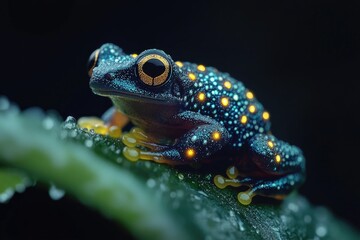 Obraz premium Vibrant Blue Frog Rests on Dewy Leaf at Night