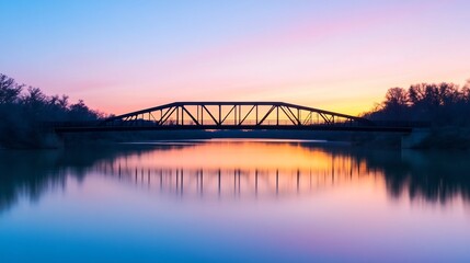 Fototapeta premium Serene Sunrise Bridge Crossing Over Tranquil River with Stunning Reflection