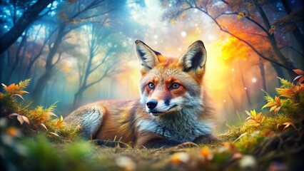 Fototapeta premium Double Exposure Fox Photography: Lying Down Red Fox Surreal Art Image