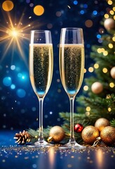Two sparkling glasses of champagne sit elegantly against a backdrop of a decorated Christmas tree, capturing the spirit of celebration during the festive season with golden glimmers. Generative AI