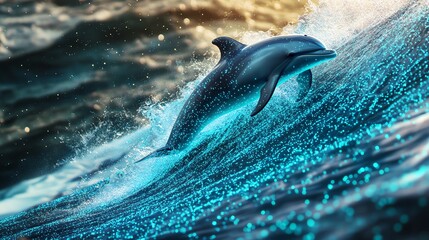 Dolphin leaping through vibrant ocean waves.