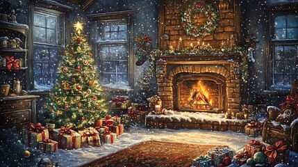 Fototapeta premium Winter Holiday Scene With Christmas Tree And Warm Fireplace