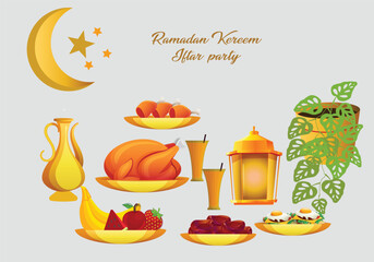 Iftar, ramadan food and drinks eating set, muslims evening meal at sunset Eid mubarak, Ramazan Kareem flat Vector illustration