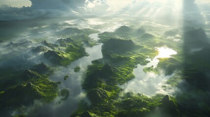 Aerial view of stunning green mountains and lakes.
