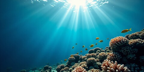 Obraz premium An Underwater scene of a Coral Reef with Fish and Sunlight ray. 