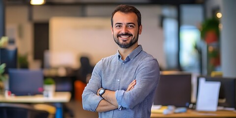 Obraz premium Portrait of a male content writer standing confidently in an office, working on an article