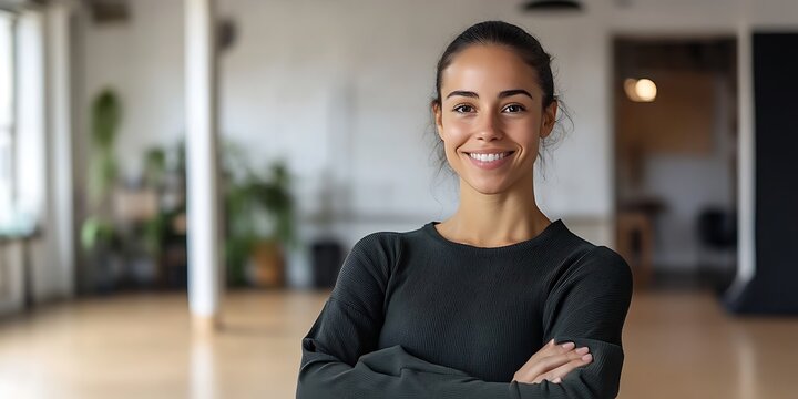 Dance instructor standing confidently in a dance studio, smiling in portrait shot