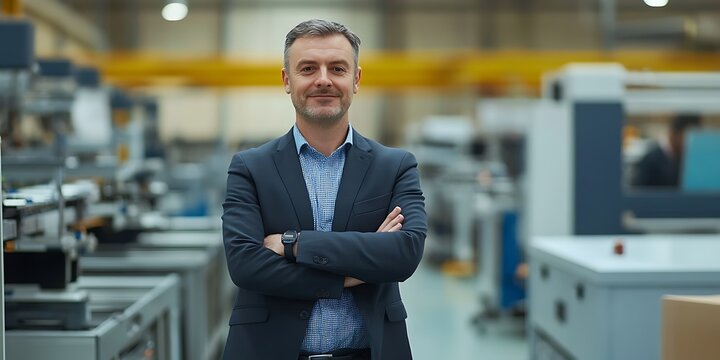 Portrait of a male operations manager overseeing a production line at a factory